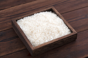 Japonica rice in wooden box