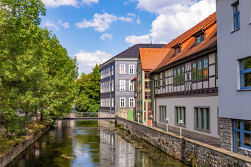 Fototapeta na wymiar old historic houses at idyllic river Gera in Erfurt