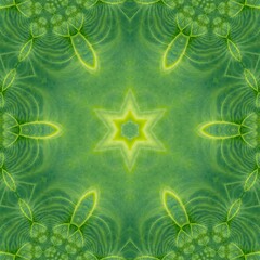 Green mandala from forest palm or fern tree leaves. Mandala made from natural objects. Natural leaf ornament. Symmetry, seamless, perfection