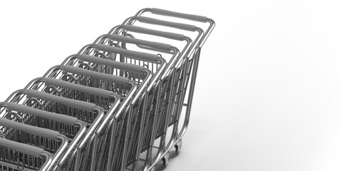 Shopping Cart, online delivery service. 3D rendered empty supermarket push cart on white copy space background. Financial crises and rising inflation prices decreasing consume. Sale promotion banner.