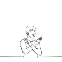 man stands with his arms crossed on his chest - one line drawing vector. concept prohibition sign, stop gesture,  denial sign