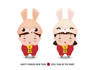 Happy Chinese new year 2023 banner template year of the rabbit zodiac with two little kids greeting gong xi fa cai, brochure, calendar background vector design, Translation happy new year