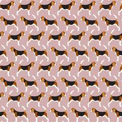 Sweet cute seamless repeat beagle dog puppy pet animal vector pattern on pastel pink background. Beagles in a row.