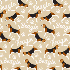Sweet cute seamless repeat beagle dog puppy pet animal vector pattern on pastel beige background text paws