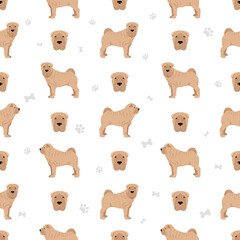 Shar Pei (modern) meat mouth seamless pattern. Different poses, coat colors set