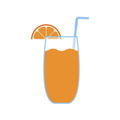 Fresh orange juice with slice and straw isolated on white background. Natural fruit drink in glass with citrus and tube for drinking. Flat vector illustration of citrus fruit