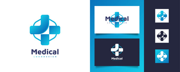 Blue Cross Logo for Hospital, Pharmacy, Drug Store, or Clinic Logo Identity. Cross with Hexagon Shape Logo for Healthcare Business
