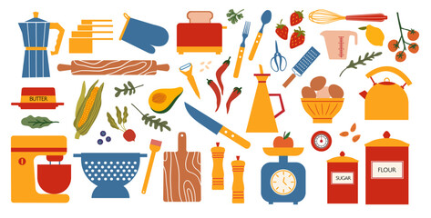 Various kitchen utensils and household appliances. Accessories, tools and ingredients for cooking. Kitchenware. Vector hand drawn illustratration in flat cartoon style. All elements are isolated.