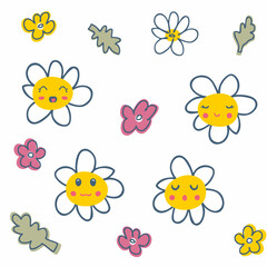 Obraz na płótnie Canvas Daisy flowers set with cartoon funny faces. Cute chamomile characters collection with happy emotions. Kids logo floral vector isolated illustration for decor and design.