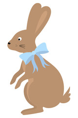 Hare. Stylish pet with a blue bow around his neck. The rabbit stands on its hind legs. Brown rodent. An animal with long ears. Color vector illustration. Flat style. Isolated background. Happy Easter.