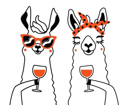 Vector illustration of llama and alpaca with glasses of red wine. Funny print design with animal, wall decoration paper