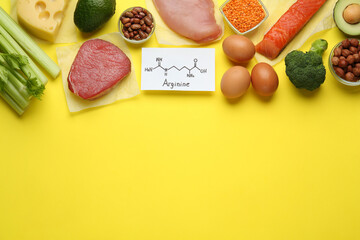 Set of products rich in amino acids and paper with Arginine chemical formula on yellow background,...