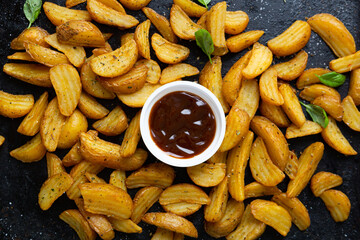 Top view of potatoes wedges and bbq sauce on black surface