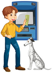 A man withdraw money from atm machine and a dog