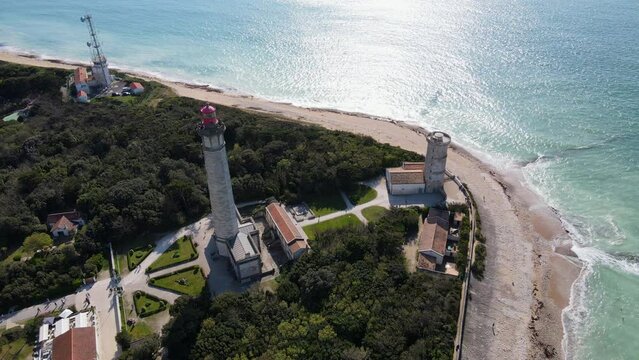 Aerial static drone footage of the Phare des Baleines or Lighthouse of the Whales and sea view on Ile de R&eacute; or island of Re France