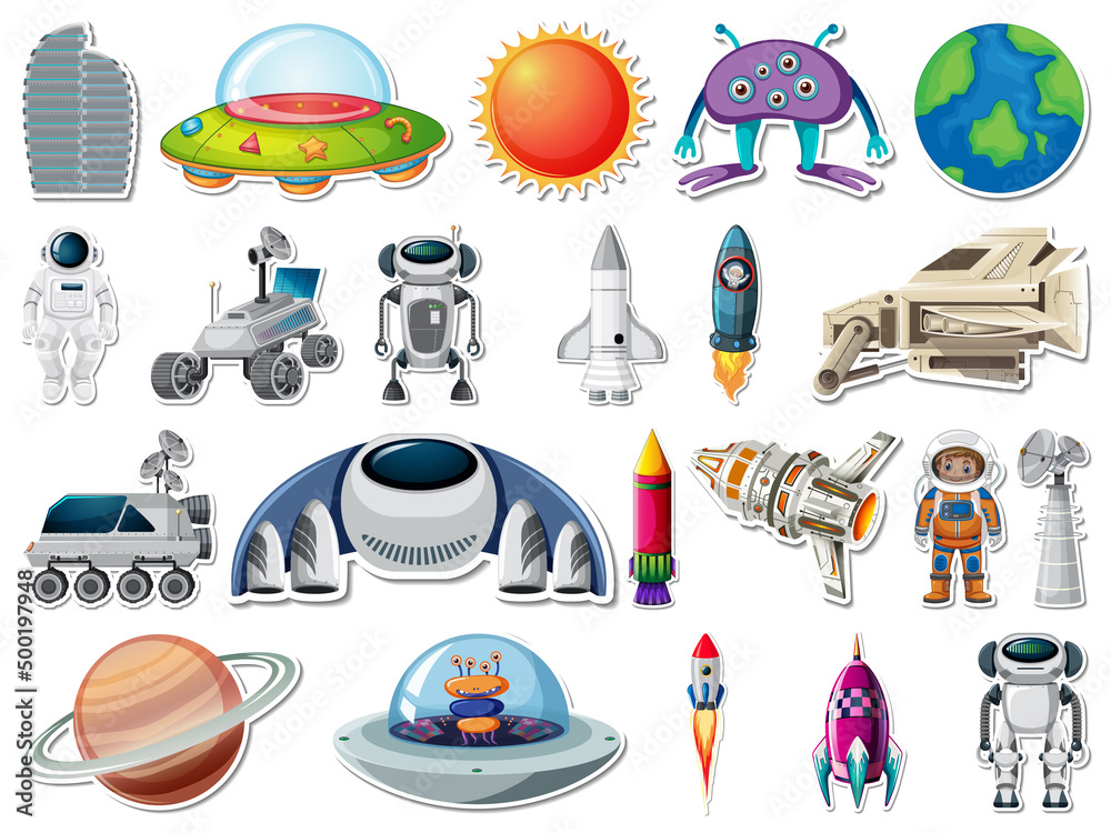 Wall mural sticker set of outer space objects and astronauts