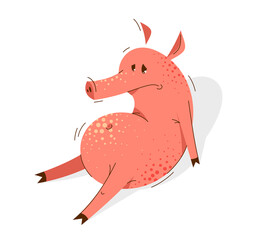 Funny cartoon pig sitting on ground sad disappointed and depressed vector illustration, animal character swine drawing.
