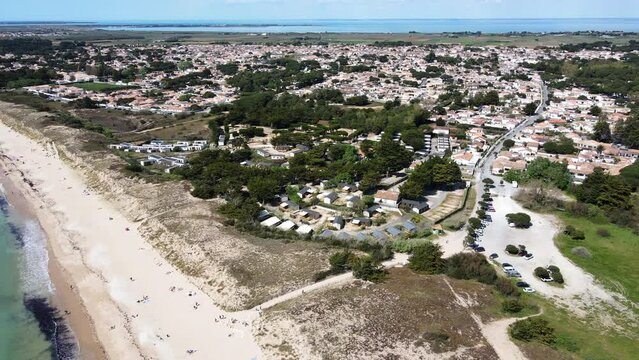 Aerial static drone footage of island of Re or Ile de R&eacute; with view of Le Bois-plage-en-R&eacute; village and beach view France