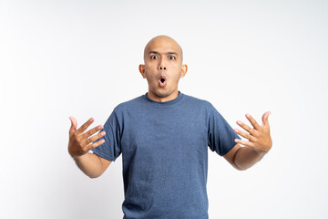 asian bald man with spicy gesture and expression on isolated background