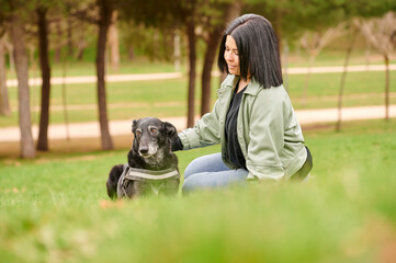 Ground level of young woman in casual clothes with dark hair smiling and stroking obedient black dog while chilling on grassy lawn in park