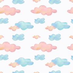 Seamless pattern with pink and blue clouds on a white background. Watercolor illustration. Print on fabric. Background. Weather. Child. Cute. Gentle. Handmade work. Printing on cards and paper. 