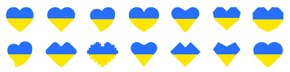 Ukrainian flag in the shape of a heart. Set of hearts. National ukrainian flag. Vector illustration. I love ukraine