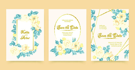 Fototapeta na wymiar Wedding Card. Engagement Invitation with Vintage Rose. Spring Leaf Cover. Wedding Card Background. Botanical Marriage Poster. Rsvp Frame with Flowers. Rustic Leaves. Decorative Wedding Card.