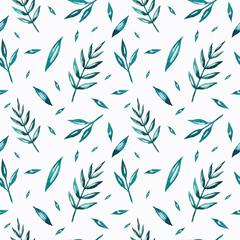 Seamless pattern with plants and leaves on a white background. Brush. Watercolor illustration. Print on fabric. Background. Nature. Green. Cute. Package. Handmade work. Printing on cards and paper. 