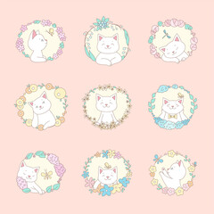 Set of cute cats with flower wreath. Doodle illustration of adorable white kittens on a background of floral garlands. Vector 10 EPS.