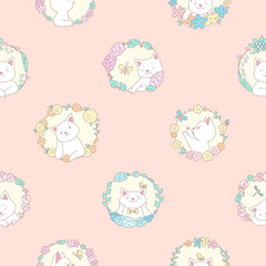Cute cat pattern. Seamless background of adorable kittens with floral wreathes. Vector 10 EPS.

