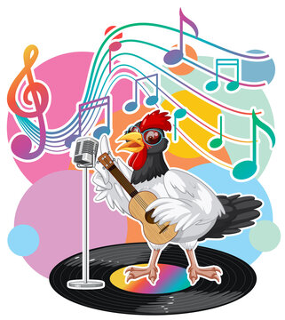 Singer chicken cartoon with music melody symbols