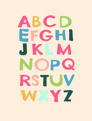 Flat hand drawn vector poster with latin alphabet for children in pastel colors