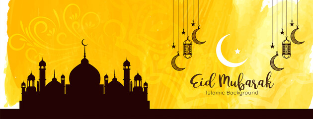 Islamic Eid Mubarak festival greeting yellow banner design