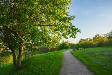 Naklejka premium Kernave at spring, green mounds at historic capital in Lithuania