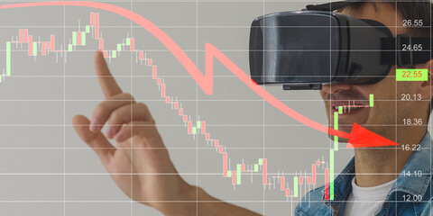 businessman near downfall finance graph, shot on the blue background