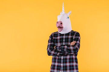 Person dressed in unicorn mask with plaid shirt and crossed arms, on yellow background.