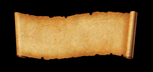 Old paper horizontal banner. Parchment scroll isolated on black