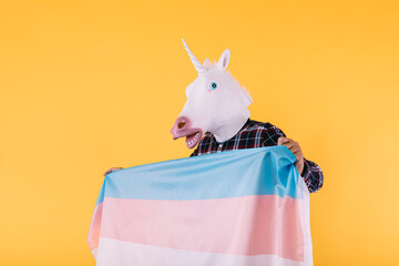 Person dressed in a unicorn mask with a checkered shirt holding the flag of the transsexual...