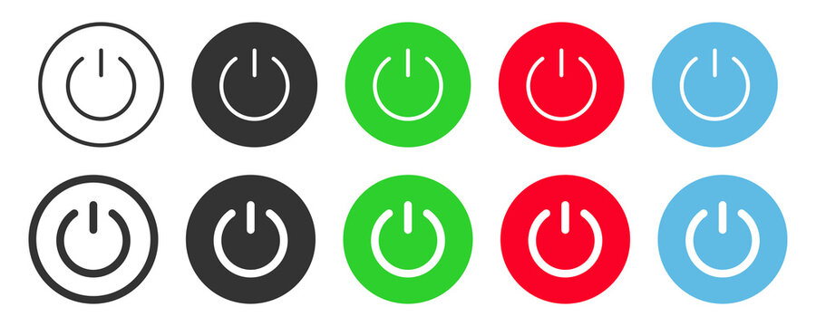 Black, green, red, blue power  button icon set. On, off switch symbol. Sign energy vector.