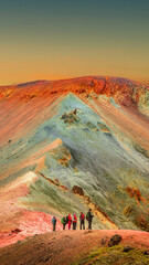 Cover page with colorful Icelandic rainbow volcanic Landmannalaugar mountains at famous Laugavegur...