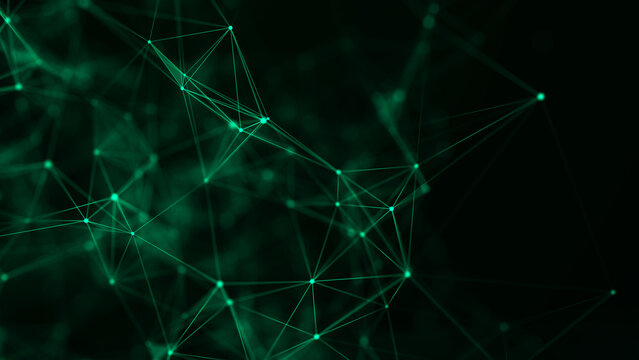 Abstract geometric background with connecting points and lines. Abstract green digital background. Network concept structure. Big data complex with compounds. 3D rendering.