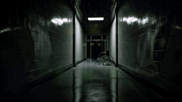 A mystical hospital corridor with abandoned wheelchairs and flickering lights. Mysterious hospital corridor. An abandoned medical building. Animation ideal for apocalyptic and sci-fi backgrounds