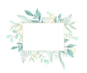 Watercolor leaf frame . Floral background hand painted.
