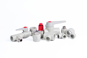Plumbing fixtures and piping parts plastic fittings isolated on a white background