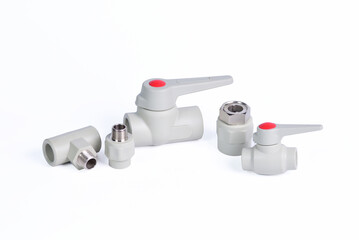 Plumbing fixtures and piping parts plastic fittings isolated on a white background