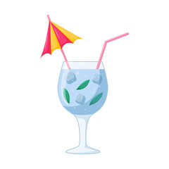Summer beach ice cocktail. A refreshing mixed drink with ice cubes and mint leaves in a transparent wine glass with a straw. Healthy beverage in cartoon style on white background. Vector illustration