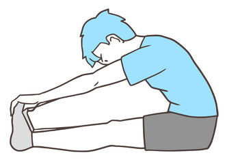 ハムストリングスストレッチ、長座体前屈、太ももの裏を伸ばす身体の柔らかい男性、シンプルな色