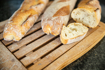 baguette french bread fresh meal food snack on the table copy space food background rustic top view