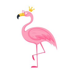 Cute pink flamingo in pink heart glasses and crown. A character, a bird stands with a bent leg. Vector illustration in a flat cartoon style isolated on a white background