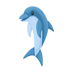 A blue dolphin jumping out of the water. Cute character, aquatic animal. Vector illustration in a flat cartoon style isolated on a white background.
